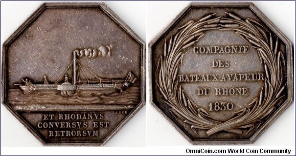 silver jeton struck for the Compagnie des bateaux a vapeur du Rhone (Steamboat Company, based at Lyon) circa 1860.