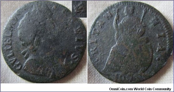 1695 farthing, very rare Thicker flan possible I over V in Tertivs