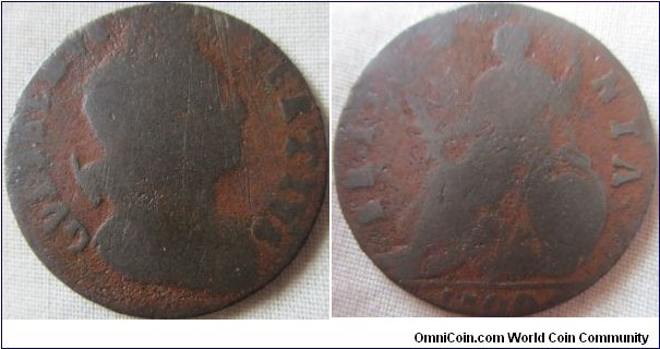 1700 halfpenny, Unbarred A's in Britannia, struck on copper differant from the usual source.