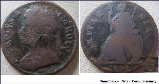 decent grade 1675 farthing, although hard to tell in the picture (looks like a 0 or a 6) this is more likely caused by 5 over 3.