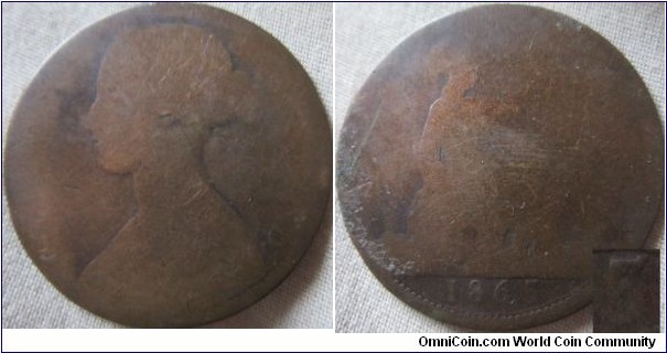 1865/3 penny, very low grade but clear overdate