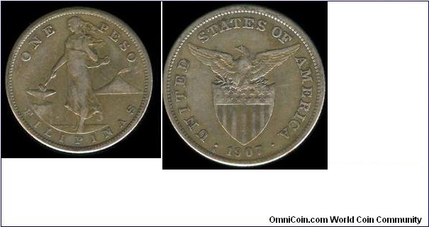 ONE PESO COIN. USA-PHILIPPINES 1907-S 80% silver