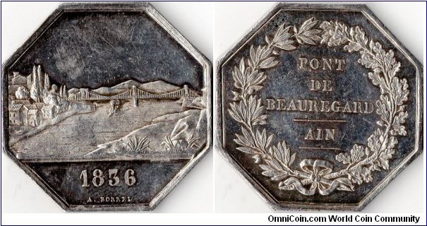 silver jeton minted for the administrators of the bridge across the Saone at Beauregard in Ain province, France `Pont de beauregard 