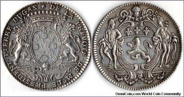silver jeton struck for Pierre Dugas in 1751 to mark his term in office as `Prevost de marchands' (Lord Provost of Lyon). he was also President of the mint at Lyon