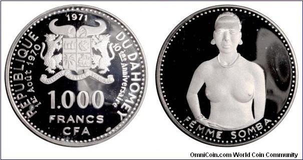 DAHOMEY~1,000 CFA Francs 1971. Silver proof: 10th Anniversary of Independence~Somba Woman. *SCARCE*