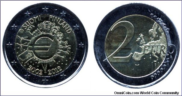 Finland, 2 euros, 2012, Cu-Ni-Ni-Brass, 25.75mm, 8.5g, 2002-2012, 10 years of euro.