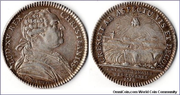 silver jeton iminted in 1768 for the `Extraordinaires des Guerres' one of the French Royal Administrations dealing with the accounts and things financial for the armed forces. obverse shows mature bust of Louis XV