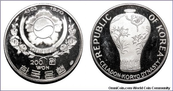 SOUTH KOREA~200 Won 1970. Silver proof: Celadon-Koryo Dynasty. *VERY SCARCE*