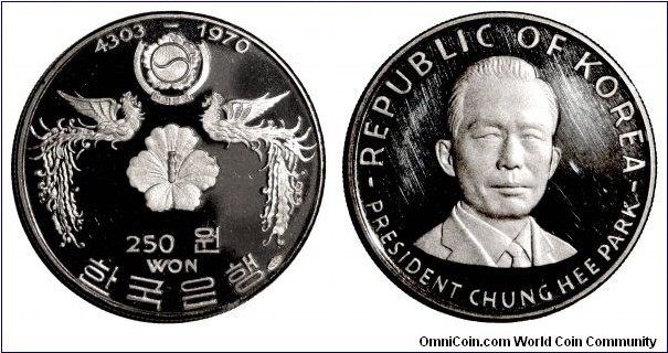 SOUTH KOREA~250 Won 1970. Silver proof: President-Chung Hee Park (Pak Chŏng Hŭi). *VERY SCARCE*