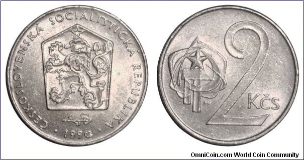 CZECHOSLOVAKIA (SOCIALIST REPUBLIC)~2 Koruna 1990. Last issue for the 'Socialist Republic'.