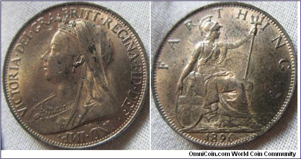 superb bright finish 1896 farthing, almost UNC, with bright lustre, a few carbon spots on obverse