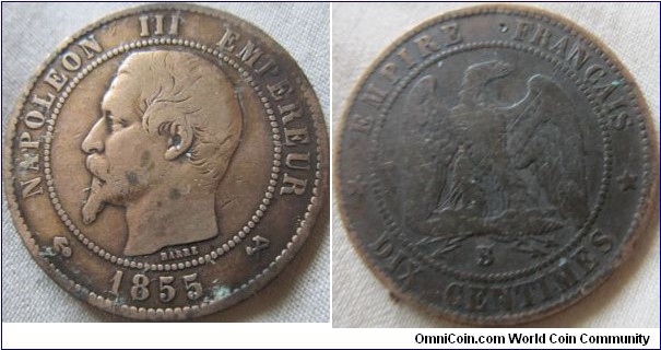 1855 B 10 centimes Fine grade 