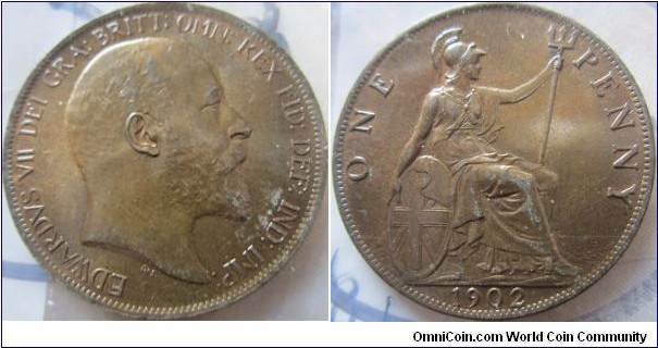 AUNC 1902 penny, some dirt on the coin but otherwise a beautiful golden tone with full lustre