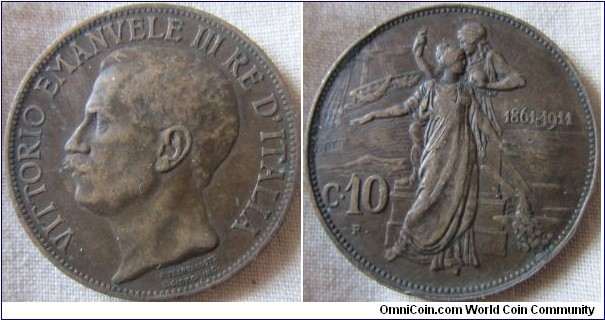1911 10 centesimos, one year type commerating the 50th anniversary of the countries founding, 2 million were minted