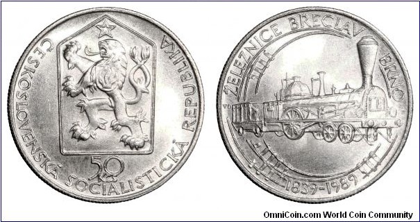 CZECHOSLOVAKIA (SOCIALIST REPUBLIC)~50 Koruna 1989. 150th
Anniversary - Breclav to Brno Railroad