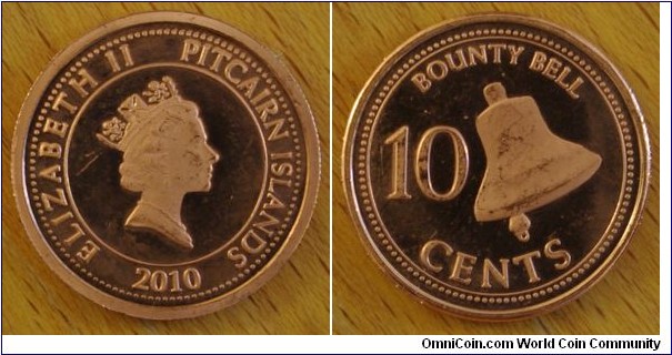 Pitcairn Islands | 
10 Cents, 2010 | 
22 mm, 5.8 gr. | 
Copper plated Bronze | 

Obverse: Queen Elizabeth II facing right, date below | 
Lettering: ELIABETH II PITCAIRN ISLANDS 2010 | 

Reverse: Bounty bell, denomination below | 
Lettering: BOUNTY BELL 10 CENTS |