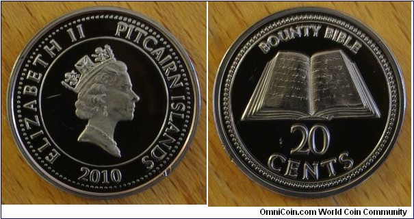 Pitcairn Islands | 
20 Cents, 2010 | 
25 mm, 7.3 gr. | 
Copper plated Bronze | 

Obverse: Queen Elizabeth II facing right, date below | 
Lettering: ELIABETH II PITCAIRN ISLANDS 2010 | 

Reverse: Bounty Bible, denomination below | 
Lettering: BOUNTY BIBLE 20 CENTS |