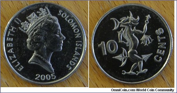 Solomon Islands | 
10 Cents, 2005 | 
23.6 mm, 4.96 gr. | 
Nickel plated Steel | 

Obverse: Queen Elizabeth II facing right, date below | 
Lettering: ELIZABETH II SOLOMON ISLANDS 2005 | 

Reverse: Sea spirit Ngorieru divides denomination | 
Lettering: 10 CENTS |