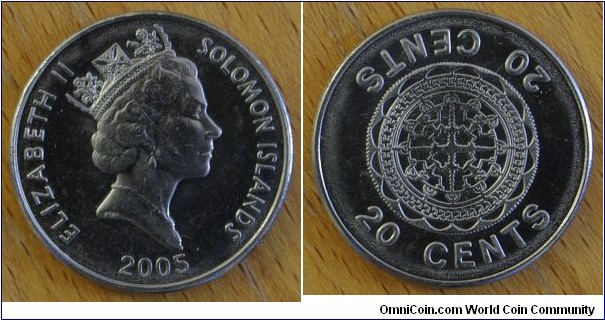 Solomon Islands | 
20 Cents, 2005 | 
28.5 mm, 10.2 gr. | 
Nickel plated Steel | 

Obverse: Queen Elizabeth II facing right, date below | 
Lettering: ELIZABETH II SOLOMON ISLANDS 2005 | 

Reverse: Malaita pendans design with circle, denomination above and below | 
Lettering: 20 CENTS 20 CENTS |