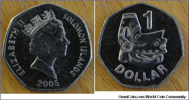 Solomon Islands | 
1 Dollar, 2005 | 
29.5 mm, 10 gr. | 
Copper-nickel | 

Obverse: Queen Elizabeth II facing right, date below | 
Lettering: ELIZABETH II SOLOMON ISLANDS 2005 | 

Reverse: Nusu-Nusu Sea spirit divides denomination | 
Lettering: 1 DOLLAR |