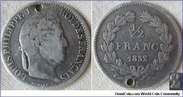 1832 W 1/2 franc, holed and fair