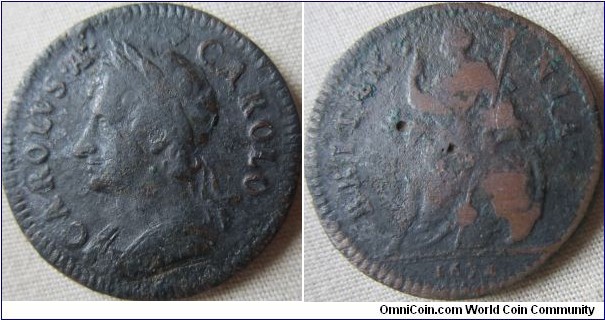1672 farthing, nice details some damage from being in the ground