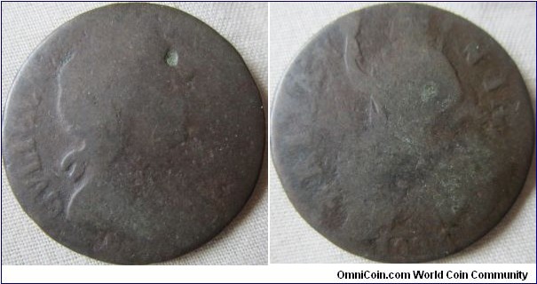 1697 halfpenny, low grade but weak strike assists the low grade.