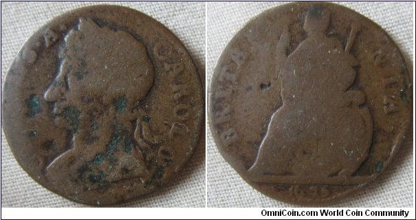 a clear date 1675 farthing, shame about the verdegris damage on obverse.