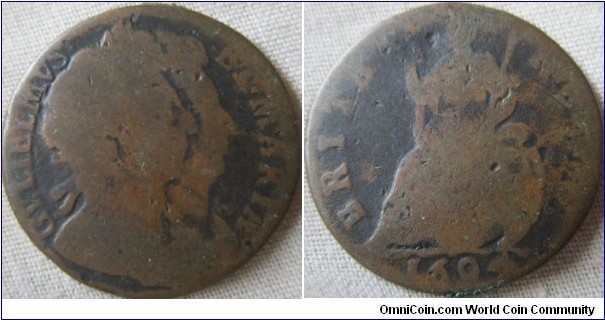 1694 farthing, fair grade with single exergue line