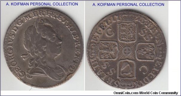 KM-553.2, 1723 Great Britain 6 pence; silver, slant reeded edge; very fine, grey gun metal toning; SSC issue - minted from South Sea Company silver;