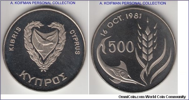 KM-51, ND(1981) Cyprus 500 mils; copper-nickel; reeded edge; FAO issue, proof like strike, some chatter in the fields.