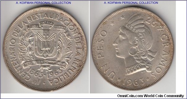 KM-30, 1963 Dominican Republic peso; silver, small reeded edge; commemorating 100'th anniversary of the restoration of the republic; naturally toned good uncirculated specimen, mintage 20,000.KM-30, 1963 Dominican Republic peso; silver, small reeded edge; commemorating 100'th anniversary of the restoration of the republic; naturally toned good uncirculated specimen.