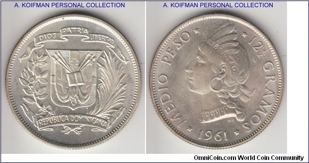 KM-21, 1961 Dominican Republic 1/2 peso; silver, reeded edge; nice bright uncirculated, not specifically scarce but high grade.
