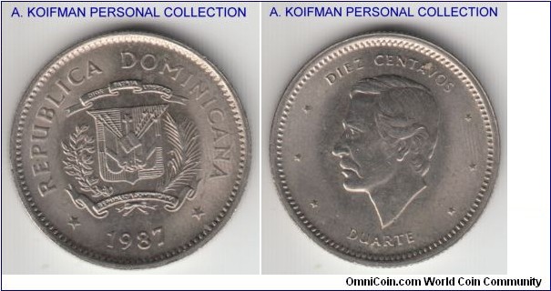KM-60, 1987 Dominican Republic 10 centavos; copper-nickel, reeded edge; bright uncirculated, Human rights issue.