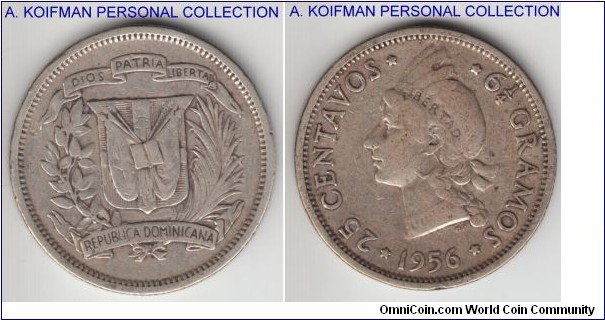 KM-20, 1956 Dominican Republic 25 centavos; silver, reeded edge; well circulated fine plus;