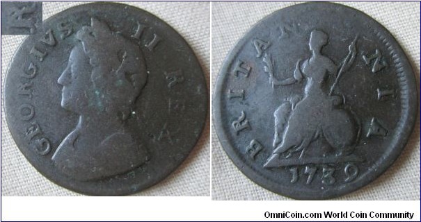 1739 Farthing, No stop after Britannia, weak strike of obverse stops, a scarce type. unusual effect in the R's as if the tails continue inside the letter.