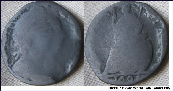 1694 farthing, low grade with squashed edges