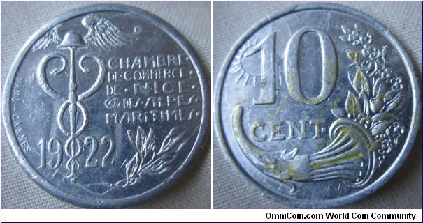 1 1922 10 centimes token for the Nice Area, in high grade with some discolouration on reverse
