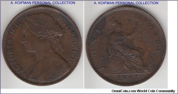 KM-749.2, 1861 Great Britain penny; bronze, plain edge; seller identified as no obverse and no reverse signatures, 15 leaves; good very fine or slightly better.