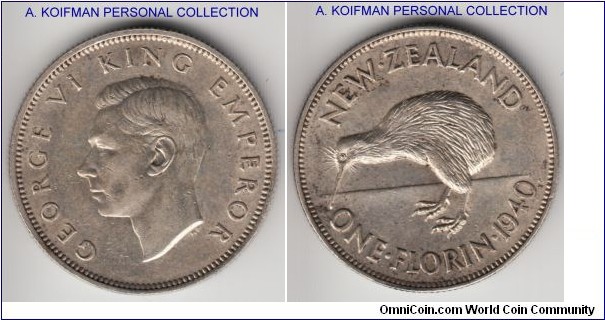 KM-10.1, 1940 New Zealand florin; silver, reeded edge; scarcer issue, about extra fine with some luster remaining.