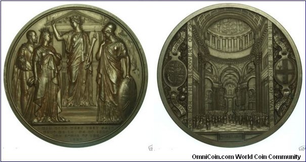 1872 UK Prince of Wales National Thanksgiving Medal by JS & AB Wyon. Bronze: 77MM.
Obv: Londonia and Britannia invite the Queen and Prince of Wales into St. Paul's Cathedral, in exergue I WAS GLAD WHEN THEY SAID UNTO ME LET US GO INTO THE HOUSE OF THE LORD. Rev: Incredibly details depiction of the Royal Procession and conggregation inside St. Peter's Cathedral. Legend NATIONAL THANKSGIVING FOR THE RECOVERY OF H.R.H. THE PRINCE OF WALES ST.PAUL'S LONDON in panels and ribbon to left & right, date 27 FEB 1872.
