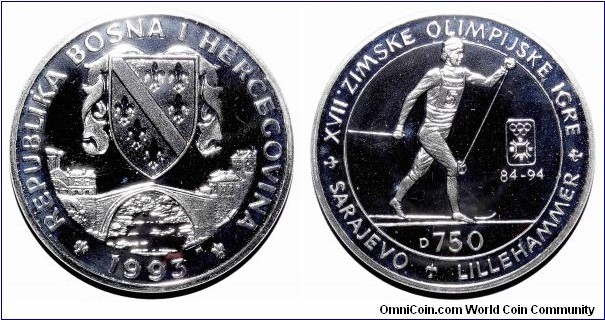 BOSNIA & HERCEGOVINA~750 Dinara. Silver proof- XVII Winter Olympiad, Lillehammer: Cross-country Skier. 10th Anniversary of the Sarajevo games '84-'94.