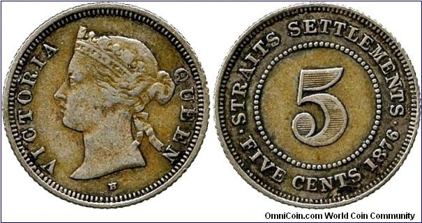 Straits Settlements, 5 Cents, 1876-H. PCGS VF35.