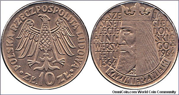 1964 10 Złotych, 600th anniversity of the Jagiellonian University, incuse legend