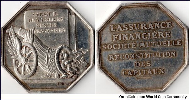 rare and hard to find silver jeton issued for L'Assurance Financiere', an insurer inaugurated in 1875 and only surviving until 1896