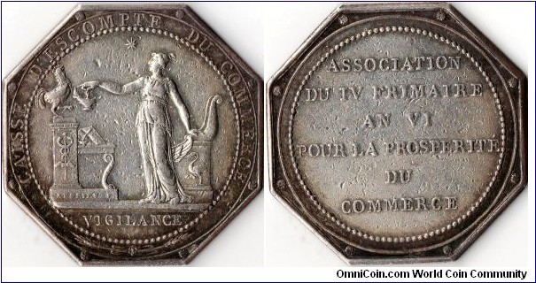 silver jeton engraved by Andrieu and minted in year 6 (1797/8) for the administrators of the `Caisse D'Escompte de Commerce', a bank set up during the early Napoleonic era to help finance commercial activities.