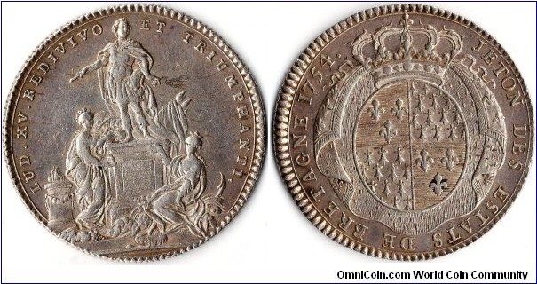 silver jeton issued for the Estats de Bretagne (Bretonese parliament / administration) in 1754.