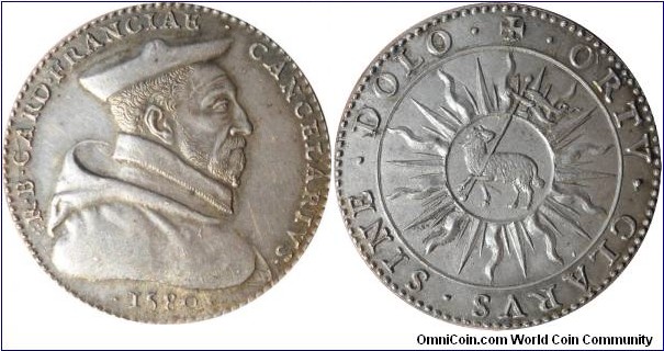 1580 France Rene Cardinal de Birague Medal. Silver: 39MM.
Obv: Bust right of Cardinal of Lorraine as Chancellor of France. Legend K.B.CARD.FRANCIAE.CANCELARIVS. 1580. Rev: Lamb of God in Rays. Regend DOLO.ORTV.CLARVS.SINE. (18 Century re-strike by Paris Mint. Stunk before the mint added edge marks to restrikes)
