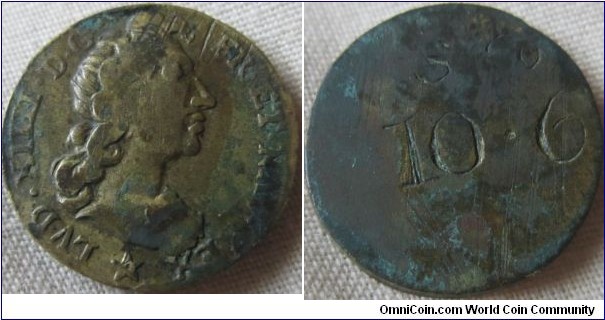 coin weight of Louis XIV, looks to have been converted to a 10/6 british weight at some point