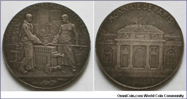 1900 France World'd Fair Paris PARIS MINT Medal by A. Patey. Silver: 37 MM
Obv: View of the Mint workers casting metal into igots, furnace behind, cornucopia of coins below. Legend AERE.ARGENTO.AURO.FLANDO.FERIUNDO. Rev: View of Paris Mint Building. Legend MONNAIE DE PARIS 1900.
